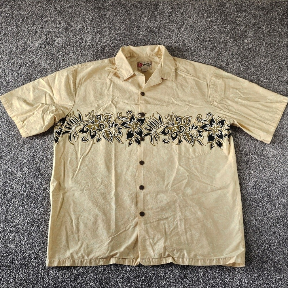 Hilo Hattie Aloha Shirt Mens XL Tan Floral Border Print Cotton Made in Hawaii - Picture 3 of 9